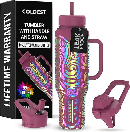 Coldest Tumbler with Handle and Straw - 100% Leak Proof Insulated Tumbler with Lid and Straw (3 Lids) - Stainless Steel Tumblers for Women & Men - Cup Holder Friendly Base, 46 oz (Rose Spiral)