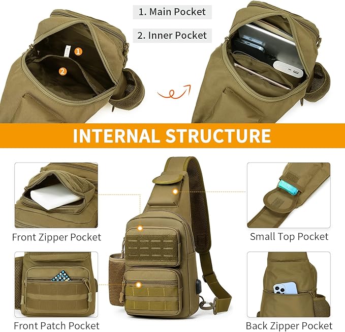 HUNTVP Tactical Sling Bag Crossbody Bag for Men Women EDC Shoulder Bags Molle Sling Backpack Chest Pack for Hiking Hunting Travelling Camping (Type3-Brown)