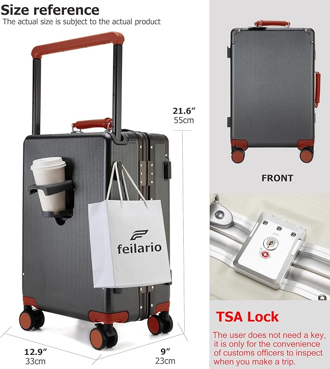 feilario 20'' Aluminum Frame Wide Handle PC Hardside Carry On Luggage - Double Spinner Wheels Luxury Rolling Travel Suitcase with TSA Lock & Cup Holder