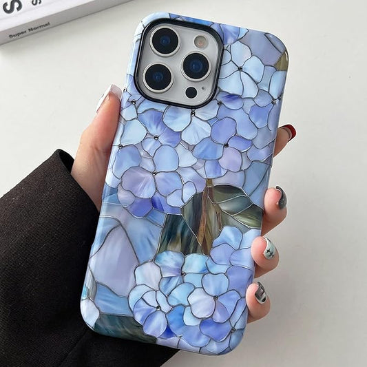 QLTYPRI Flower Case for iPhone 16 Pro Max, Aesthetic Cute Floral Phone Case for Girls Women, Protective Hybrid 2-Layer Hard Shell Silicone Cover Durable Shockproof Phone Cover - Blue Hydrangea