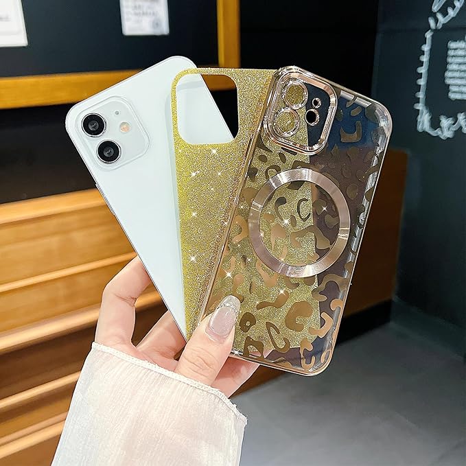 for iPhone 12 Case Magnetic,Soft Cute Luxury Leopard Cheetah Pattern Plating Glitter Bling Phone Case Compatible with MagSafe Clear Shockproof Back Cover for Women Girl 6.1"-Gold
