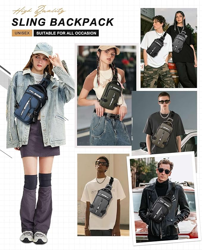 Grey Sling Crossbody Backpack Shoulder Messenger Bag for Men, Mini Anti Theft One Strap Motorcycle Backpack Sling Tactical Chest Bag for Hiking Walking Biking Travel Cycling