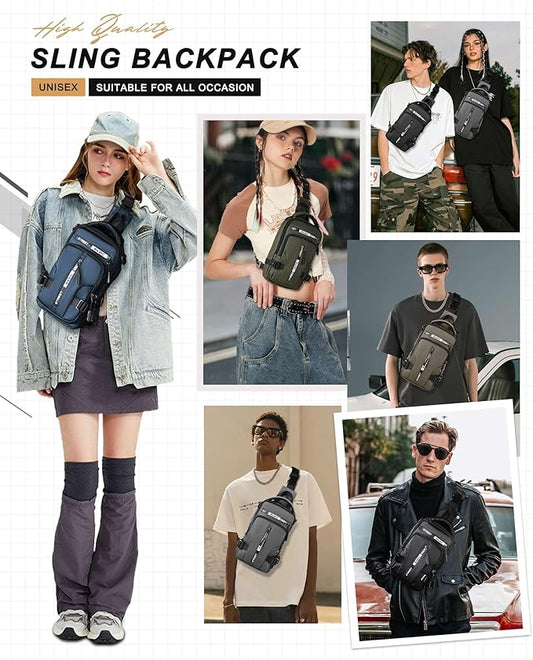 Grey Sling Crossbody Backpack Shoulder Messenger Bag for Men, Mini Anti Theft One Strap Motorcycle Backpack Sling Tactical Chest Bag for Hiking Walking Biking Travel Cycling