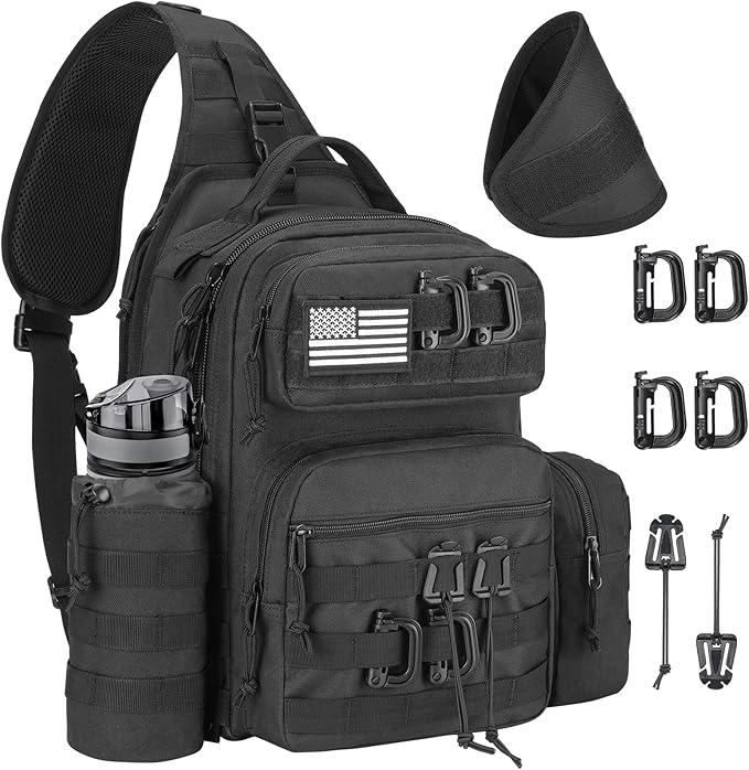 CVLIFE Tactical Sling Bag Backpack for Men Military Shoulder Sling Bag Molle Army Assault Detachable Tactical Bag with Bottle Holder Concealed Carry Daily Day Pack Work Bag for EDC Hiking, Black