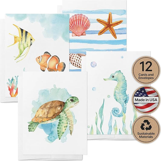 Twigs Paper - Assorted Ocean-Themed Greeting Cards - Stationery Cards with Envelopes - Thank You Card - Blank Note Cards - Greeting Cards for All Occasions - Made in USA (5.5 x 4.25, Set of 12)