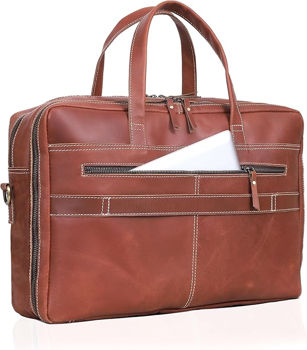 HLC 18 Inch Full Grain Leather Briefcase messenger shoulder bags for men and women