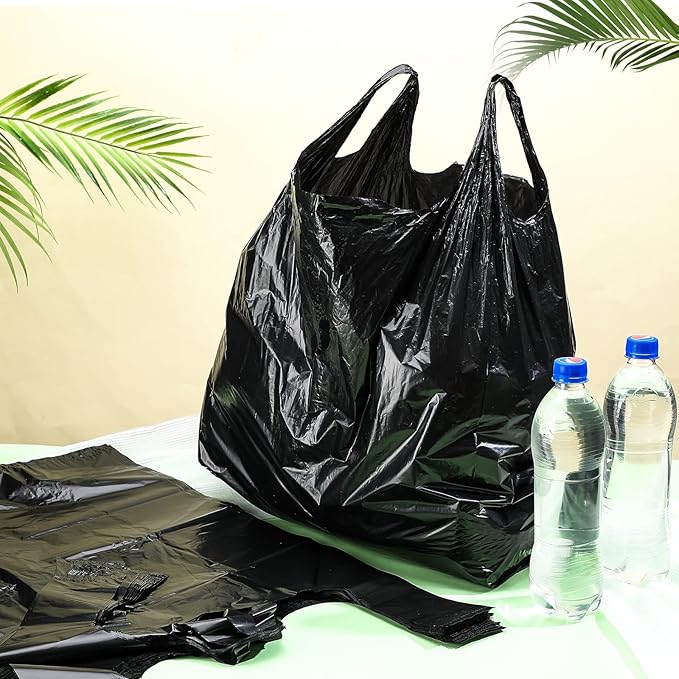 Kisston 400 Count Jumbo Size Plastic T Shirt Bags with Handles, 35 Mic, XX Large Plain Plastic T Shirt Grocery Bags, Thick and Heavy Duty (Black,25" x 15")