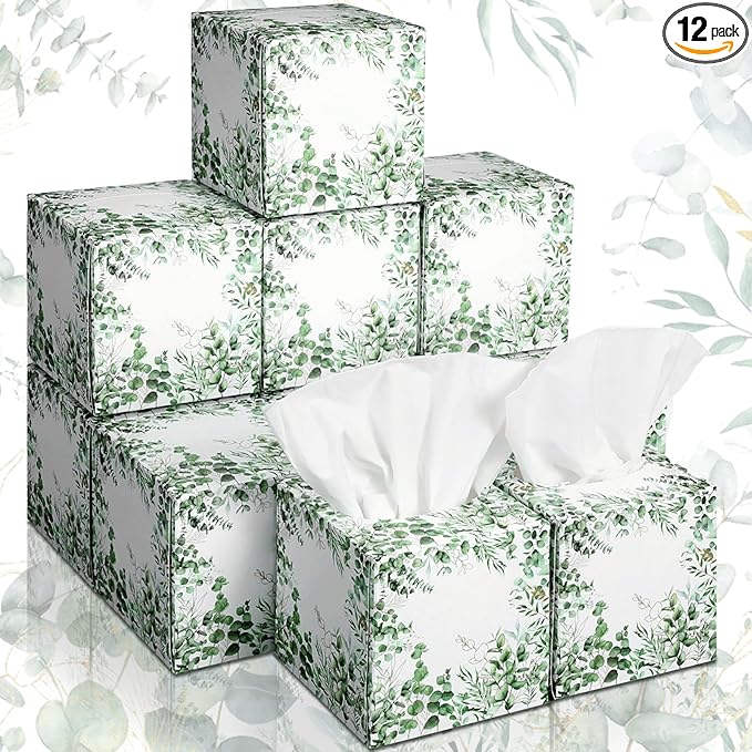 12 Pack Summer Eucalyptus Facial Tissues Cube Boxes 600 Sheets 3 Ply Small Square Green Eucalyptus Face Tissues Bulk for Summer Car Bedroom Supplies