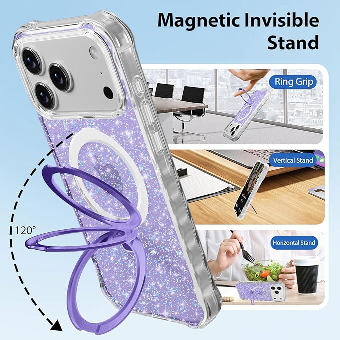 Magnetic for iPhone 17 Pro Case with Invisible Stand, Compatible with MagSafe, Clear Bling Sparkle Shockproof Slim Anti-Slip Military Drop Protection Hard Phone Case 6.3" Glitter Purple