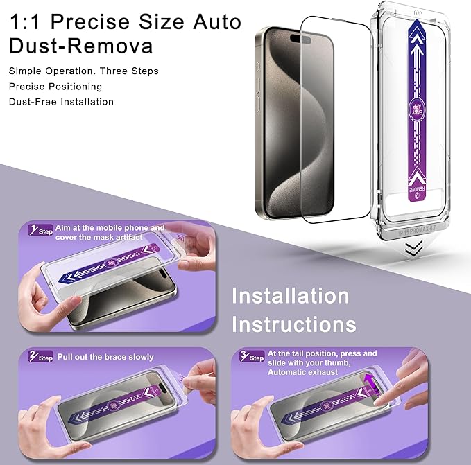 CHISHA 2-Pack Screen Protector Tempered Glass for iPhone 15 Pro Max 6.7-Inch, Auto Dust Removal, No Bubbles, High Definition Clear, Easy Installation