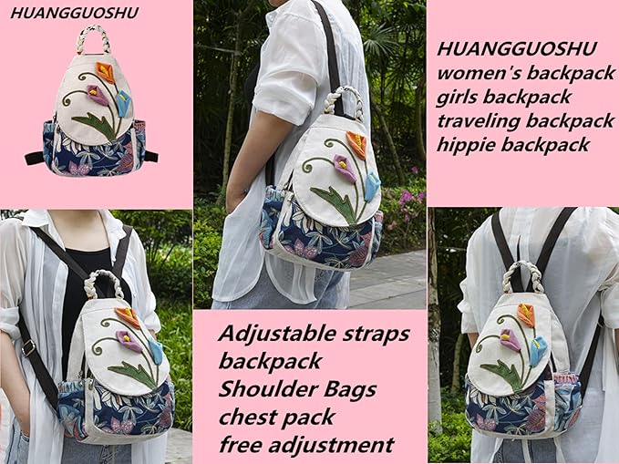HUANGGUOSHU Bohemian Knit Backpack - Handcrafted, Multi-Pocket, Secure Zipper Pockets Pocket - Ideal Gift for Girls, Moms, and Students - Travel Essential for Fashionable Women-Flower Backpack