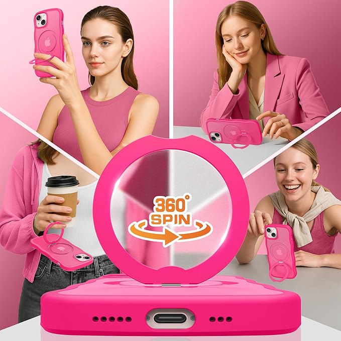 for iPhone 13 Case & iPhone 14 Case for Women,[Compatible with Magsafe][360° Spin Magnetic Stand][Cute Wave Edge][Military-Grade Protection] Translucent Matte Phone case for iPhone 13/14, Hot Pink
