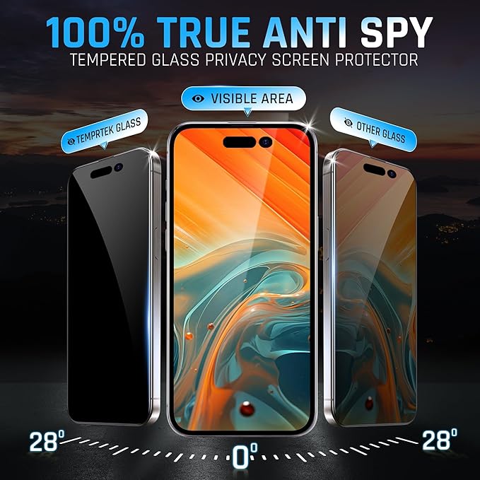 TEMPRTEK+ 2 Pack for iPhone 15 Pro Max Privacy Screen Protector Privacy 9H Military Grade Scratch Fingerprint Resistance Anti-Glare Shatterproof Tempered Glass Anti-Spy Easy Installation Bubble Free