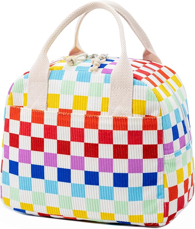 Insulated Lunch Bag for Women Men, Stylish Corduroy Tote Bag with Aluminum Lining, Large Capacity Reusable Cooler for Work, Travel, or Beach, Rainbow Plaid Lunch Box