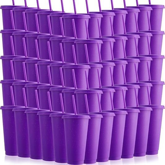 Honeydak 60 Pack Tumbler with Straw and Lid Bulk Glitter Plastic Cups Water Bottle Iced Coffee Travel Mug Reusable Party Favor Cups for Birthdays travel 24-27 oz (Purple)