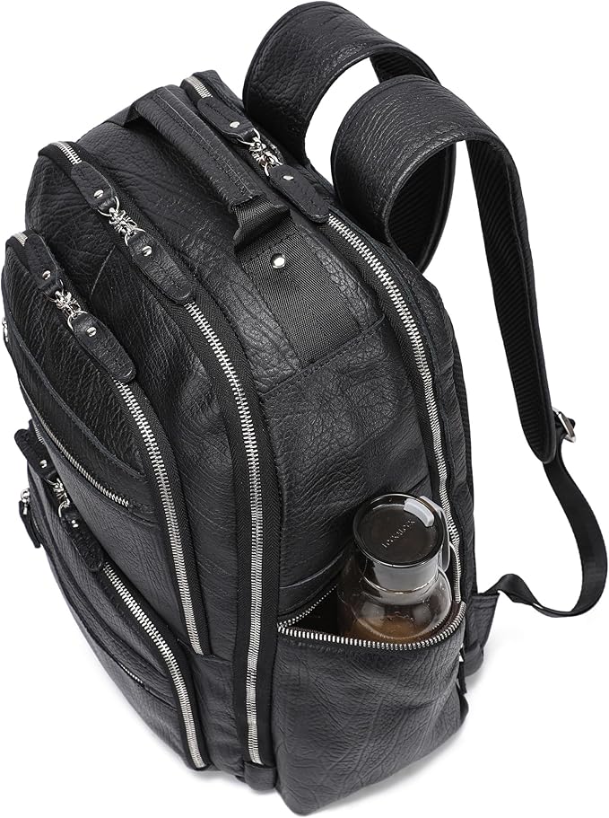 LANNSYNE Men Vinatge Full Grain Leather Backpack Fits 17.3" Laptop, Travel Overnight Daypacks - Black