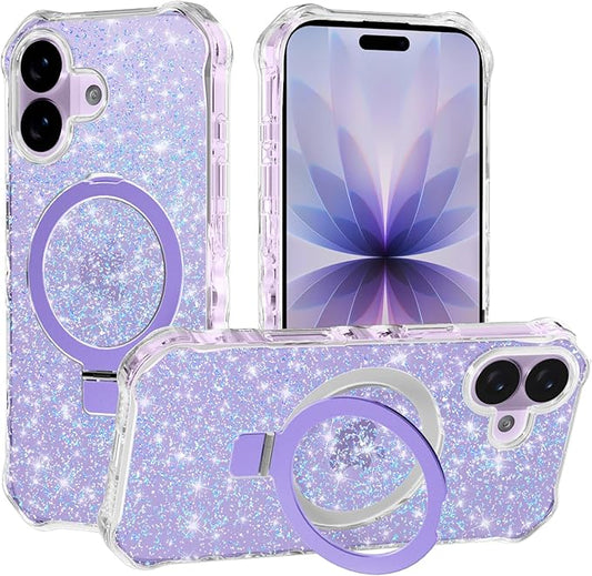 Magnetic for iPhone 17 Case with Invisible Stand, Compatible with MagSafe, Clear Bling Sparkle Shockproof Slim Anti-Slip Military Drop Protection Hard Phone Case 6.3" Glitter Purple