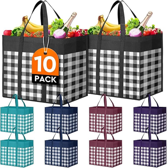 WISELIFE Reusable Grocery Shopping Bags 10 Pack Large Foldable Tote Bags Bulk, Long Handle for Shopping Groceries Clothes (Plaid C)