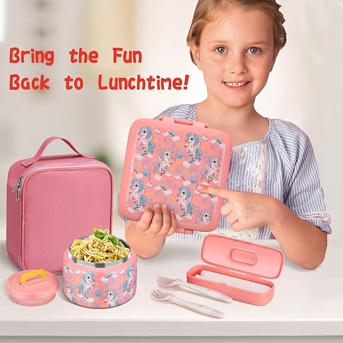 Bento Lunch Box for Kids With 8oz Soup Thermo,Leak-proof Lunch Containers with 5 Compartment,Thermos Food Jar and Lunch Bag, Food Containers for School (A-Pink(Fantasy Unicorn))