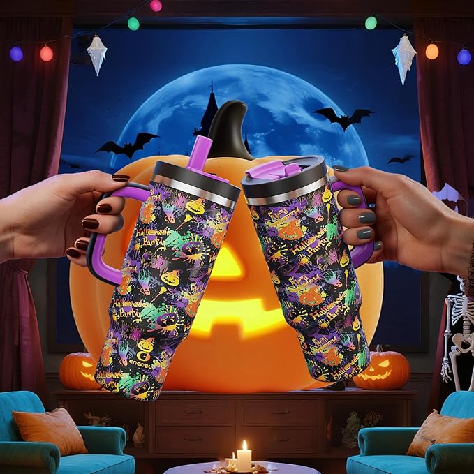 40oz Halloween Tumbler with Handle and Straw, Stainless Steel Insulated Water Bottle with Straw, Leak-Proof, Cup Holder Friendly, Keeps Cold 24 H, Gifts for Women Men, Ghost Party