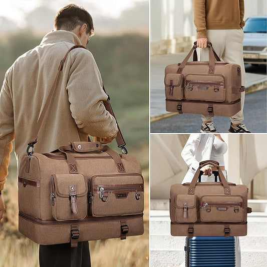 WITZMAN Canvas Weekender Bag Mens Overnight Bag for Traveling Carry on Duffle Bags with Shoes Compartment（A8010 Brown）