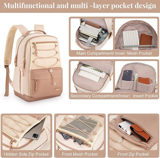 School Backpack for Teens Girls, Aesthetic College Backpack Large Bookbag for Women Students Fashion 15.6 Inch Laptop Bag for Work Travel (Khaki Beige)