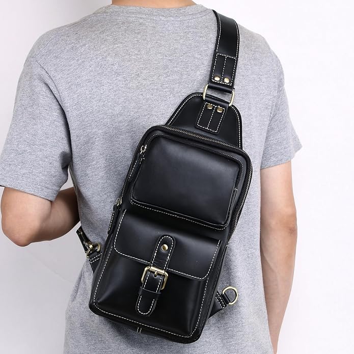 Genuine Leather Sling Bag for Men Women Backpack Chest Shoulder Satchel Crossbody Bags Casual Outdoor Daypack