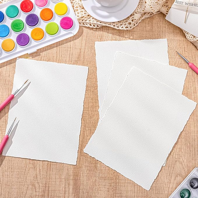 50 Sheets Watercolor Paper 6 x 8inch, 160 GSM Deckled Edge Paper Rough/Textured Handmade Paper for Wedding Invitations, Cards, Crafts