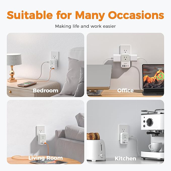 USB C Charger Block 20W, TESSAN PD Fast Charging Adapter with Foldable Plug, 1875W Power Outlet Extender (4 AC and 4 USB) for Cruise, Home, Office, Dorm