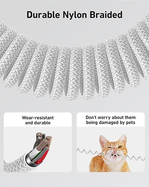 Coiled USB to USB C Cable for Car 3FT/6FT, USBC Cables Fast Charging Braided USB-A to USB-C Phone Charger Cord USB Type C Cable for iPhone 17 16 15 Pro Max, Samsung Galaxy S24 S23-2Pack Silver