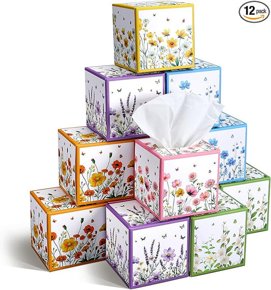 12 Pack Summer Floral Facial Tissues Cube Boxes 600 Sheets 3 Ply Small Square Wildflowers Face Tissues Bulk for Summer Car Bedroom Supplies