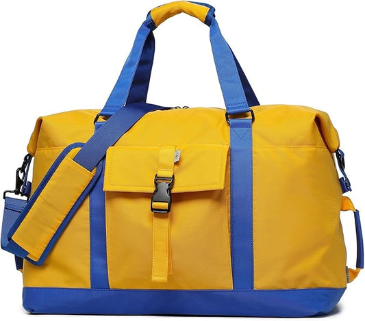 SUNNY BIRD Duffel with Utility Pouch, 40L Weekender Overnight Bag with Shoe Compartment for Travel and Sports (Yellow and blue)
