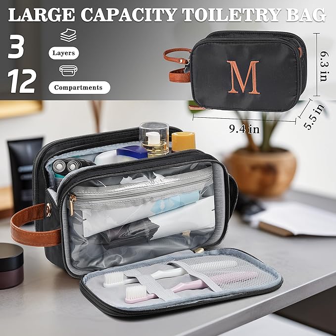YOOLIFE Black Toiletry Bag - Personalized Birthday Gifts for Mens Women Initial Travel Toiletry Bag Essentials for Women Men, Portable Organizer for Accessories, Initial Makeup Bags Letter H Black