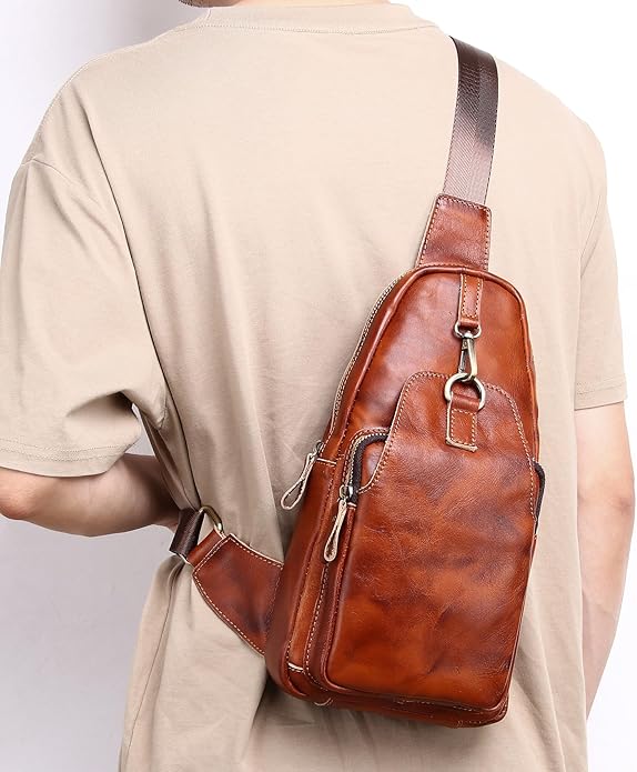 Genuine Leather Sling Bag for Men Women Backpack Chest Shoulder Satchel Crossbody Bags Casual Outdoor Daypack
