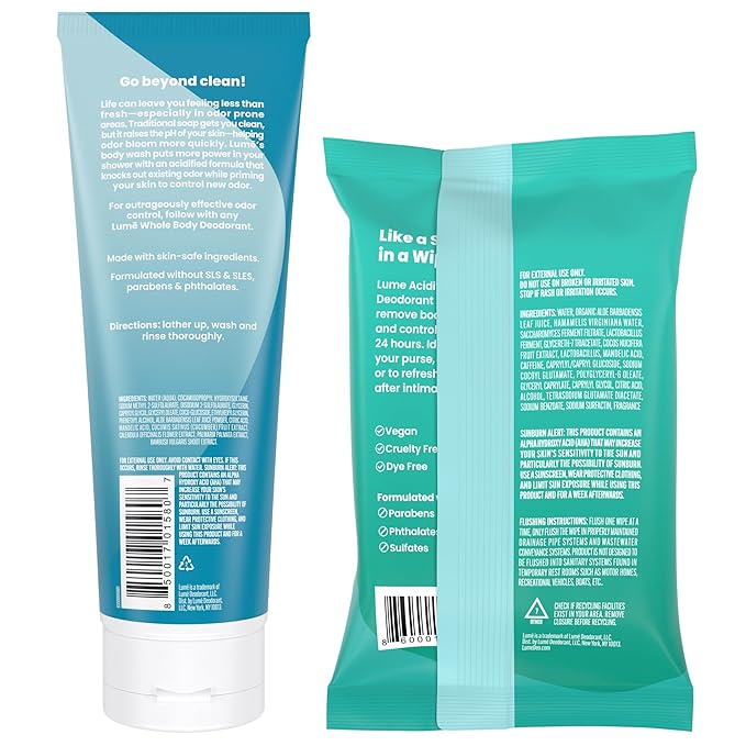 Lume Acidified Body Wash & Flushable Deodorant Wipes - 24 Hour Odor Control - Hydrating Wash - Without SLS or Parabens - OB/GYN Developed - 8.5 Ounce (Unscented) 15 Count Wipes (Cool Cucumber)