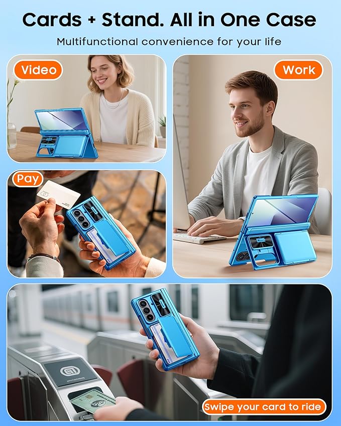 CENMASO for Samsung Galaxy Z Fold 7 Case with Card Holder [RFID Blocking] Camera Cover, Hinge Protection, Hidden Kickstand, Screen Protector, Slim Shockproof Phone Case for Galaxy Z Fold 7-Lake Blue