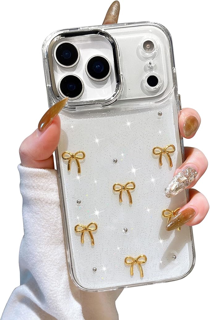 EYZUTAK Case for iPhone 17 Pro, Bling Glitter 3D Bowknot Phone Case Cute Sparkly Crystal Clear Bow Aesthetic Design Cover Slim Soft Durable TPU Transparent Protective Cover for Women Girls - Gold Bow