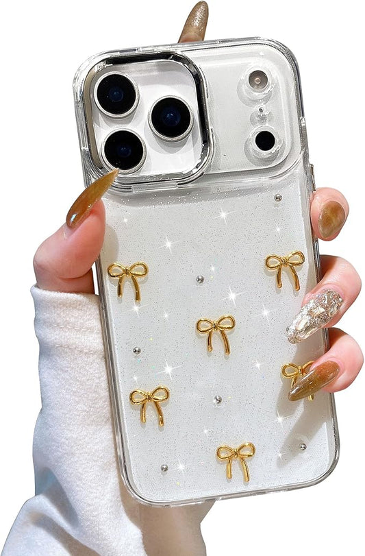 EYZUTAK Case for iPhone 17 Pro Max, Bling Glitter 3D Bowknot Phone Case Cute Sparkly Crystal Clear Bow Aesthetic Design Cover Slim Soft Durable TPU Transparent Protective Cover for Women Girl-Gold Bow