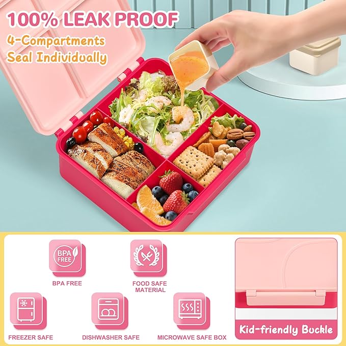 MAXSO Bento Lunch Box Set with 8 oz Soup Thermo, Kids Leakproof 4 Compartments Hot Food Container with Sauce Cup, Ice Pack and Lunch Bag, Child Insulated Food Jar for School - Pink