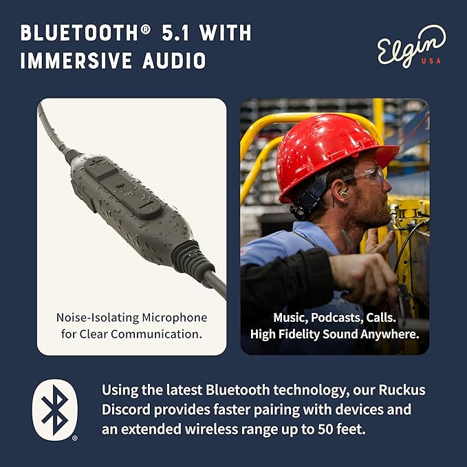 Elgin Rumble Bluetooth Earplug Earbuds, 27 dB Noise Reduction Wireless Headphones with Noise Cancelling Mic, 20 Hour Battery Life, IP67 Waterproof, OSHA Compliant Hearing Protection for Work