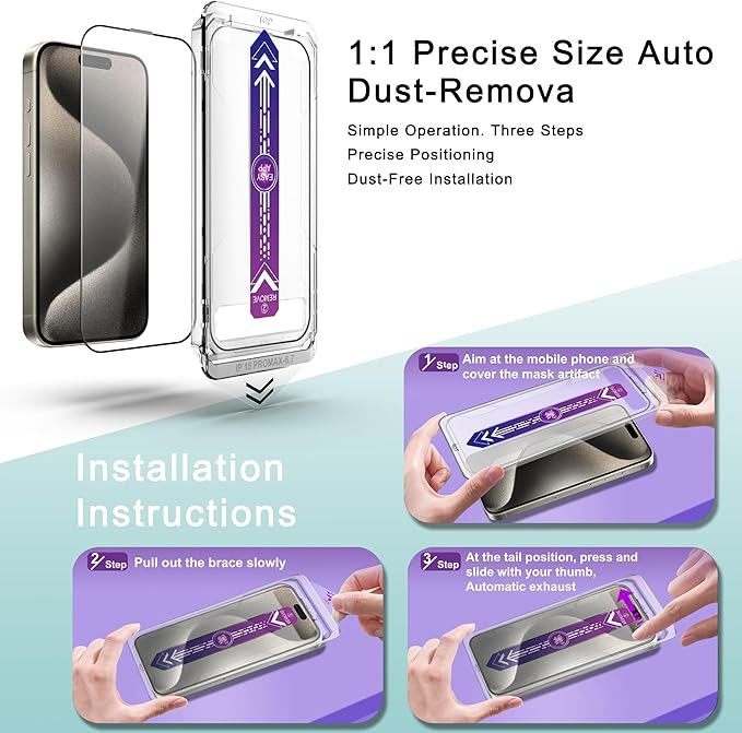 2 Pack Screen Protector Tempered Glass for iPhone 15 Pro Max 6.7-Inch Auto Dust Removal, No Bubbles, High Definition Clear, Easy Installation