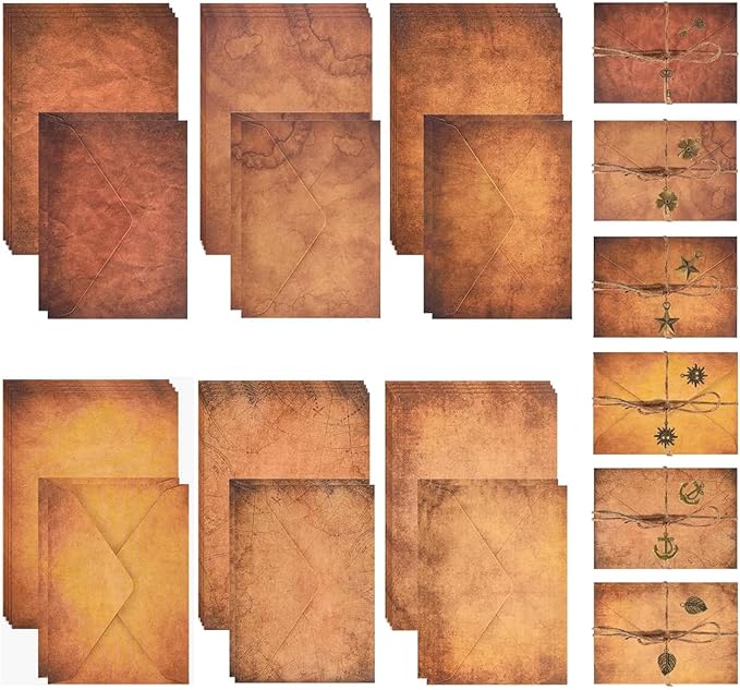 Vintage Stationery Paper and Envelopes Set,Writing Stationery Paper Letter and Envelopes including 24 Sheets Aged Antique Letter Paper, 12 Vintage Envelopes, 12 Rope & 12 Classic Key(60PCS, 6 Style)