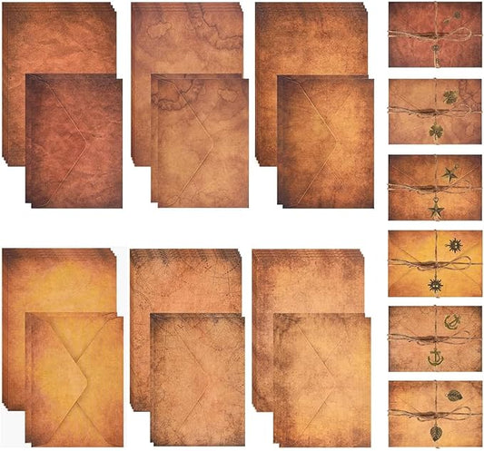Vintage Stationery Paper and Envelopes Set,Writing Stationery Paper Letter and Envelopes including 24 Sheets Aged Antique Letter Paper, 12 Vintage Envelopes, 12 Rope & 12 Classic Key(60PCS, 6 Style)
