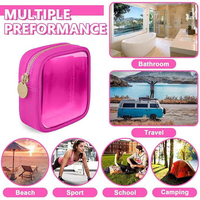 Clear Mini Makeup Bag, Small Nylon&PVC Cosmetic Travel Bag TSA Approved Toiletry Bag with Zipper, Preppy Transparent Coin Purse for Women Men Girls(Mini-Hot Pink)