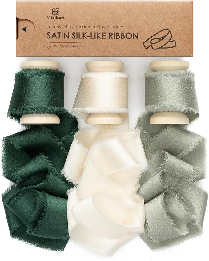 Vitalizart Green & White Silk Satin Ribbon 1 Inch x 15 Yard Wooden Spool Handmade Frayed Ribbon for Gift Wrapping Baby Shower Wedding Bridal Bouquets Holiday Decor Dark Dusty Cream