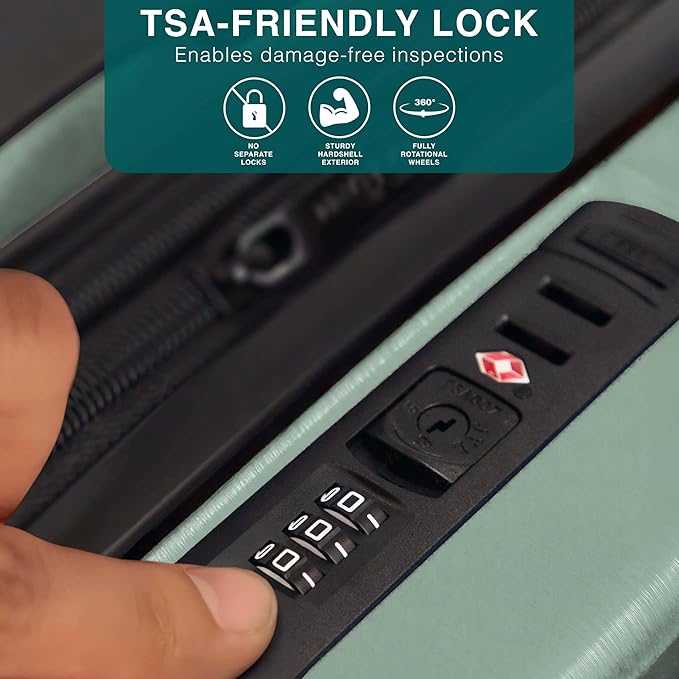 Luggage Sets 3 Piece, 22 Inch Carry on Luggage and 24 Inch Suitcases with Wheels Spinner, Durable Hard Shell Suitcase Set, Expandable Travel Suitcase, Sage Green