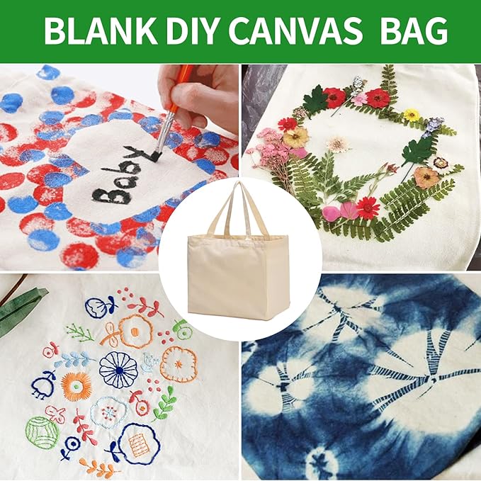 3 Pack Canvas Shopping Bags for Groceries, Holds 60 lbs Heavy Duty Reusable Canvas Grocery Bag, 8.3 gal Multi-Purpose Washable Canvas Grocery Bags Reusable Shopping Bags with 5 Pockets, Off white