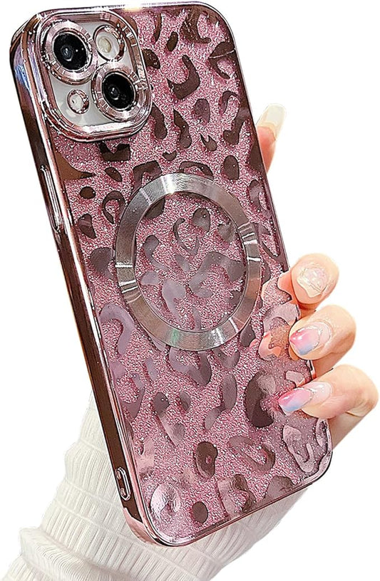 for iPhone 15 Case Magnetic,Soft Cute Luxury Leopard Cheetah Pattern Plating Glitter Bling Phone Case Compatible with MagSafe Clear Shockproof Back Cover for Women Girl 6.1"-Pink