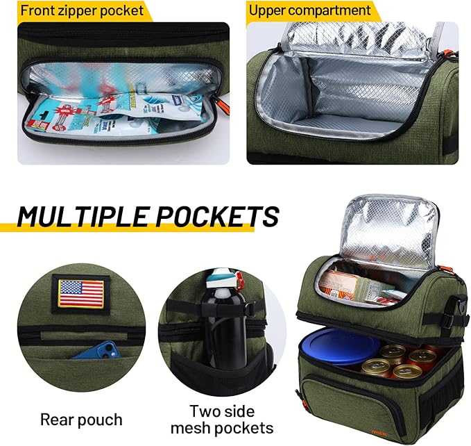 MIER Dual Compartment Lunch Bag Tote with Shoulder Strap for Men and Women Insulated Leakproof Cooler Bag, Army Green