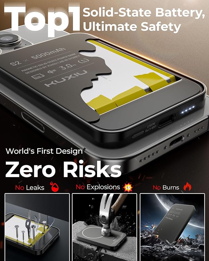 Solid-State Portable Charger for Mag-Safe, 0.39" Ultra Slim Qi2-Certified 15W Magnetic Wireless Power Bank, 5000mAh 20W Fast Charging Battery Pack for iPhone 16/15/14/13/12 Series-Black